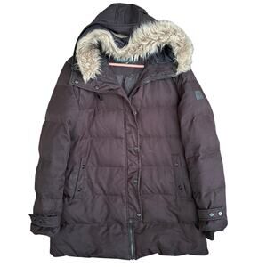 Ralph Lauren Down Puffer Jacket L Black Hooded Faux Fur Coat Puffy